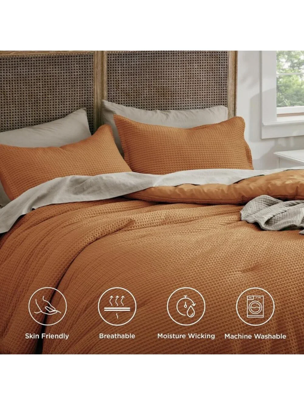 Cozy Waffle Comforter Set Queen Size, Soft Cotton Cover, Elegant Hazel Color